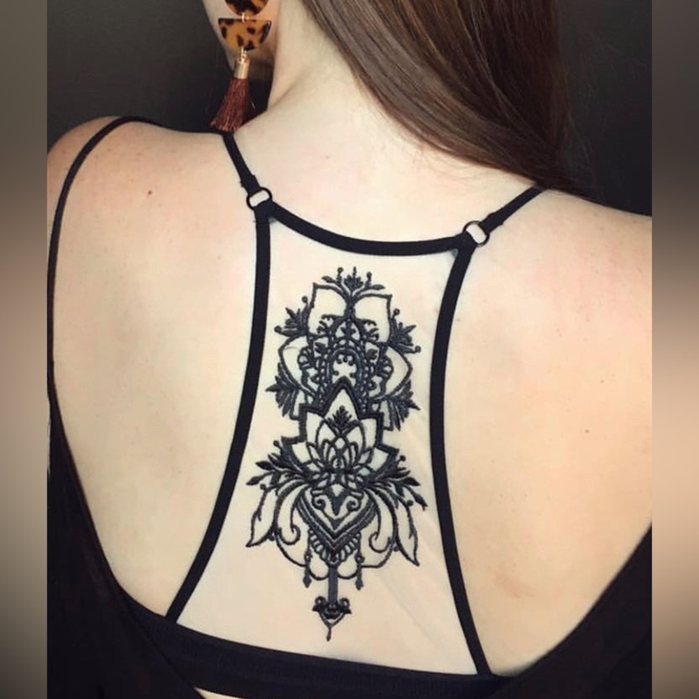 Black Tattoo Mesh Racerback Bralette Floral Embroidery on Sheer Mesh Panel M/L